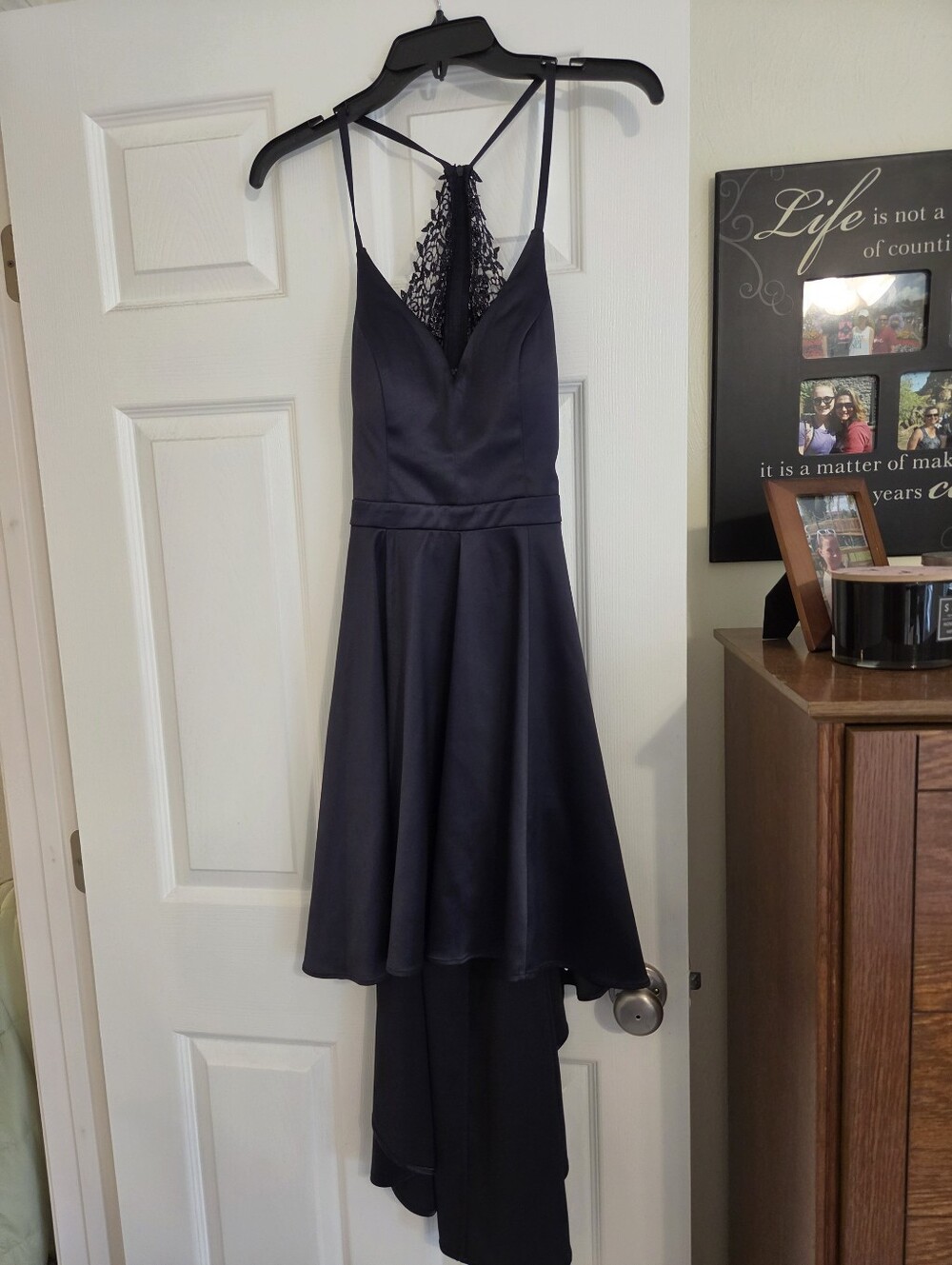 Sequin Hearts Navy Blue Lace-Back High-Low Dress